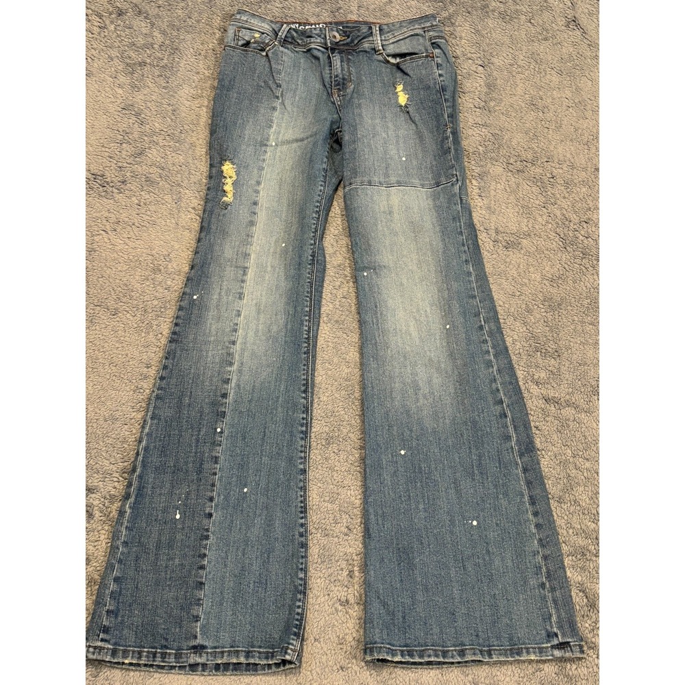 DKNY Jeans Womens 6 Soho Flare Denim Blue Medium Wash Distressed Hippie Splatter